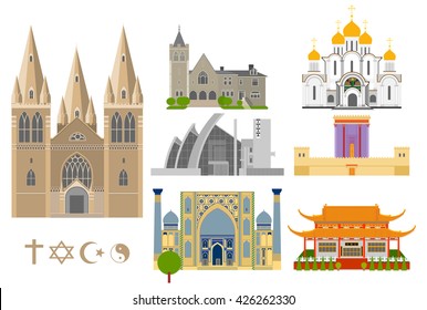 Cathedrals and churches vector infographic set. Religious signs collection. Famous Cathedral flat icons. All religion symbols. Church,  castle,  temple.