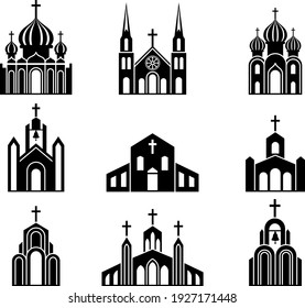 Kathedralen, Tempel und Kirchen setzen Symbole. Religiöse Architekturbauten. Sammlung katholischer, orthodoxer und protestantischer Kirchen. Religiöse christliche Zeichen und Symbole. Schwarze Silhouette. Vektorgrafik