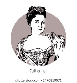 Catherine I - Empress of All Russia, ruling empress; second wife of Peter I, mother of Empress Elizabeth Petrovna. Hand drawn vector illustration