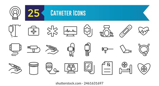 Conjunto de iconos de catéter. Conjunto esquemático de iconos vectoriales de catéter para el diseño de ui. Colección de iconos de esquema. Trazo editable.