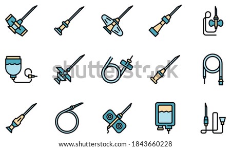 Catheter icons set. Outline set of catheter vector icons thin line color flat on white