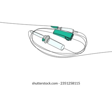 Katheterisierungs-Kit, Katheter, Spritze, Injektion, chirurgische Ausrüstung, medizinische Hilfsmittel, Ausrüstung, eine Linie Farbe Kunst. Kontinuierliche Zeichnung der Medikamente, klinische, Einweg-Werkzeug, Werkzeug, Anästhesie, Chirurgie