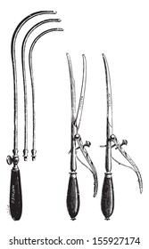 Catheters, Fig.1198. Open and close lithotome, vintage engraved illustration. Usual Medicine Dictionary by Dr Labarthe - 1885.
