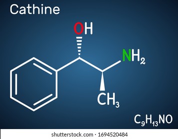 Cathine, norpseudoephedrine, C9H13NO molecule. It is alkaloid, psychoactive drug with stimulant properties.  it is found naturally in Catha edulis, khat. Structural chemical formula and molecule model