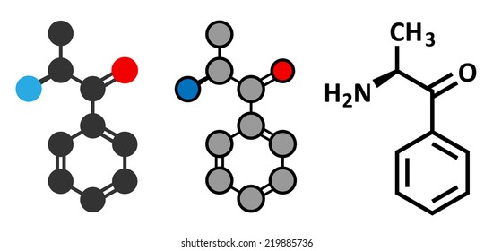 Cathinone khat stimulant molecule. Present in Catha edulis (khat). Stylized 2D rendering and conventional skeletal formula.