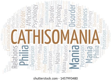 Cathisomania word cloud. Type of mania, made with text only.