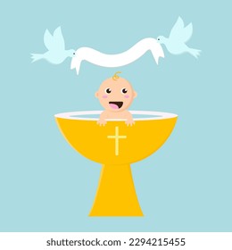 Catholic baptism. Baby with water font and doves. Vector illustration.