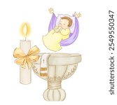 Catholic baptism of baby with water. Ritual of baptism for baby