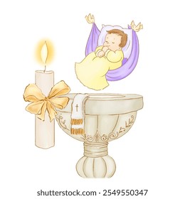 Catholic baptism of baby with water. Ritual of baptism for baby