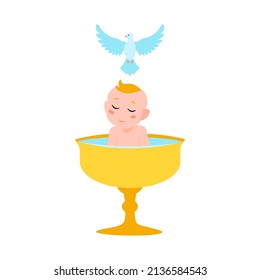 Catholic baptism. Icon, clipart of the Catholic baptism ceremony. Baby sitting in a goblet of water with the Holy Spirit on top in the form of a dove. Vector flat illustration, cartoon style.