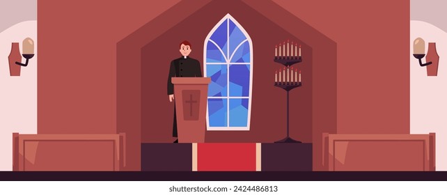 Catholic or Baptist Christian worship service in church with preacher, flat vector illustration. Banner mockup with Christian priest in church interior.