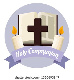 catholic bible with cross and candles to first communion