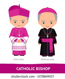 Catholic bishop. Choir and ordinary dresses. Cartoon male character. Vector flat illustration.