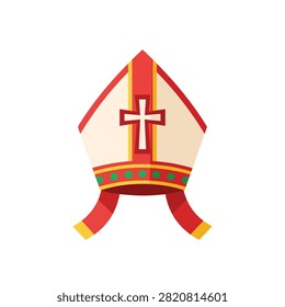 Catholic Bishop Mitre Hat with Religious Cross and Red Ribbons Flat Vector Illustration on White Background