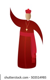 Catholic Cardinal Bishop In Red Robes, Traditional Cassock With A Biretta Hat.