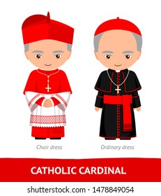 Catholic cardinal. Choir and ordinary dresses. Cartoon male character. Vector flat illustration.