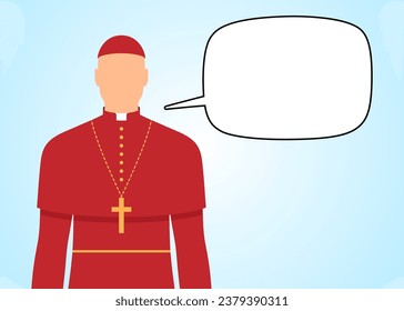 Catholic Cardinal with empty speech bubble on a blue background, vector illustration.