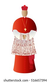 Catholic Cardinal In Red Robes, With A Biretta Hat In Choir Dress For Co, Abstract Vector Illustration.