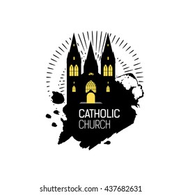 Catholic Cathedral Church silhouette with grunge splash. Religious temple abstract logo design. Vector logo. Blob with architecture illustration. Catholicism symbol.