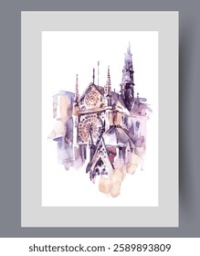 Catholic Cathedral of Notre Dame De Paris in capital of France on poster. Watercolor artwork. Wall art with building of temple of Notre Dame De Paris in gothic style, in frame with decor for print