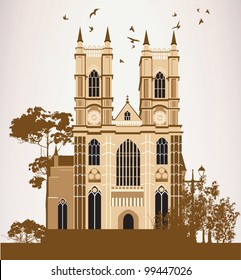 Catholic Cathedral with trees and birds