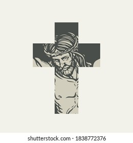 Catholic or Christian cross with crucified jesus christ on a light background. Jesus Face on the cross. Vector illustration, religious symbol, icon, logo, t-shirt design, print, tattoo, design element