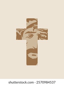 Catholic or Christian cross with crucified jesus christ on a light background. Jesus Face on the cross. Vector illustration, religious symbol, icon, logo, t-shirt design, print, tattoo, design element