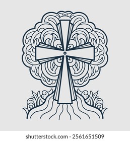 Catholic christian cross with cursive ornament vector 