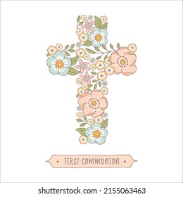Catholic Christian Cross with flowers and leaves inside, First Communion cross, Christening, Baptism, vector illustration svg