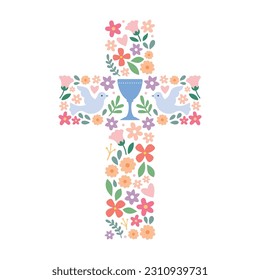 Catholic Christian Cross with flowers and leaves inside, First Communion cross, Christening, Baptism, vector illustration svg