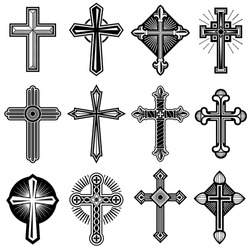 Catholic Christian Cross With Ornament Vector Icons. Set Of Religious Crosses, Illustration Of Black White Cross Of Christ