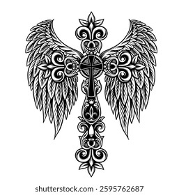 Catholic christian cross ornament vector with  handdrawn wing style