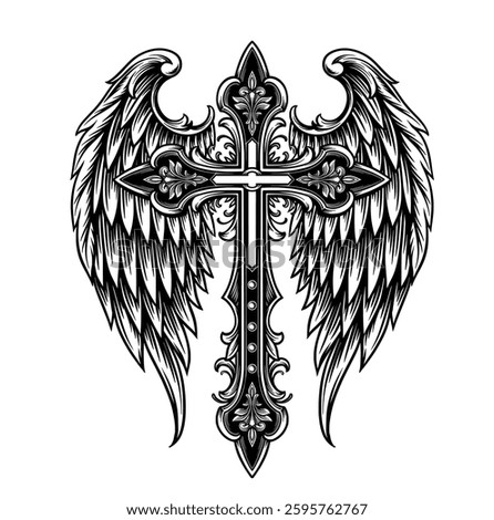 Catholic christian cross ornament vector with  handdrawn wing style