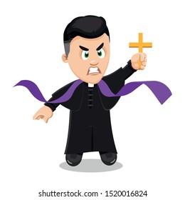 catholic christian priest in black cassock holding cross in hand, cast out devil, exorcise demons, drive out satan. Vector cartoon illustration isolated on white background.