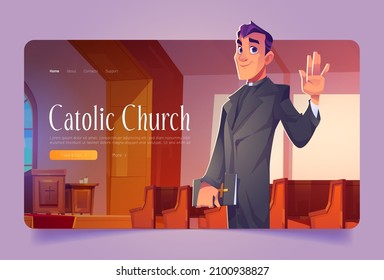 Catholic church banner with pastor holding holy bible. Vector landing page with cartoon cathedral interior with altar, wooden benches and man priest in black robe