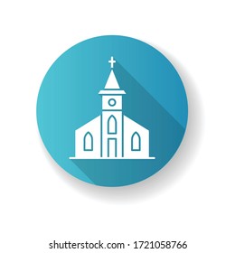 Catholic church blue flat design long shadow glyph icon. Religious establishment with cross on roof. Christian town chapel. Gospel for congregation. Silhouette RGB color illustration