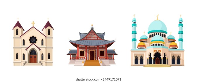 Catholic church, Buddhist temple, mosque buildings. isolated vector illustrations suitable for maps, prints, infographics, greeting cards and posters. Historical facade on a white background. Clip-art