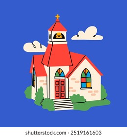 Catholic church building, chapel exterior, facade of cathedral. Religious symbol, faith, religion, communion concept. Isolated design element. Cartoon style. Logo, icon, design template