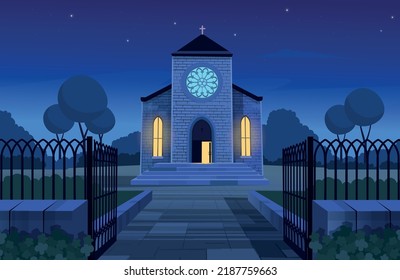 Catholic Church Building At Night. Facade Of Cathedral. Religious Architecture Exterior In Cartoon Style. Vector Illustration