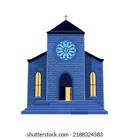  Catholic church building at night on a white background. Facade of cathedral. religious architecture exterior in cartoon style. Vector illustration