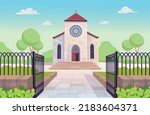 Catholic church building with open gate. Facade of cathedral. religious architecture exterior in cartoon style. Vector illustration