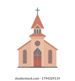 Catholic Church Building, Religious Temple Facade, Ancient Architectural Construction Vector Illustration