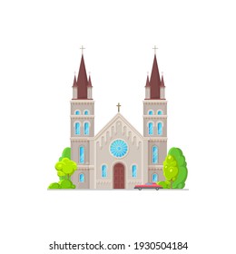 Catholic church building vector icon. Medieval cathedral with gothic steeples, arch and rose windows. Chapel or monastery facade, christian church , architecture exterior with parked car at entrance