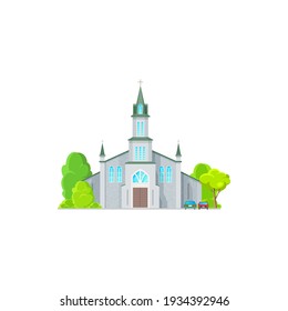 Catholic church building vector icon. Medieval cathedral with gothic arch windows. Chapel or monastery facade, christian church, evangelic religious architecture exterior with parked cars