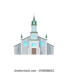 Catholic church building vector icon. Medieval cathedral with gothic arch windows. Chapel or monastery facade, christian church, evangelic religious architecture exterior design isolated cartoon sign