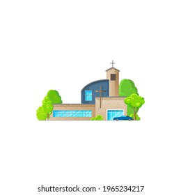 Catholic Church Building Vector Icon. Cathedral With Parked Car, Chapel And Monastery Facade. Modern Church Design, Christian Evangelic Religious Architecture Exterior Isolated Cartoon Symbol