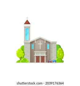 Catholic church building vector icon. Cathedral, monastery or chapel facade. Christian church architecture, evangelic religious exterior with parked cars at entrance isolated cartoon symbol