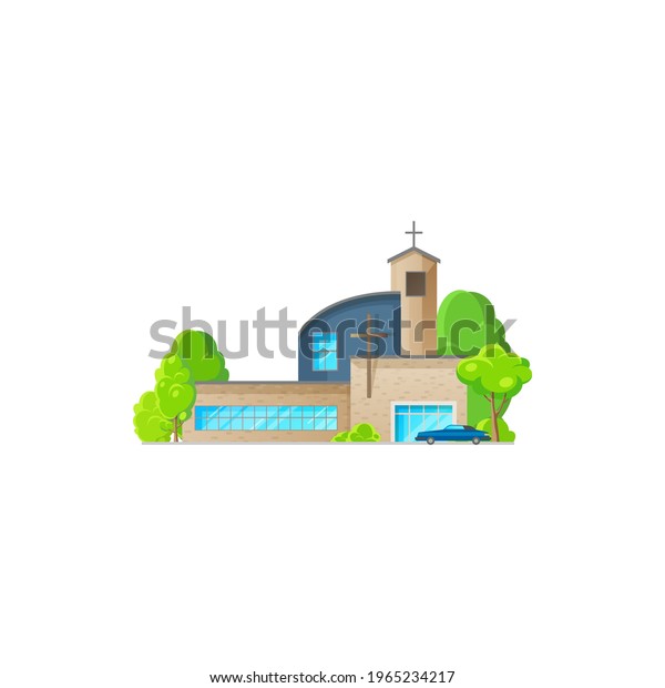 Catholic church building vector icon. Cathedral\
with parked car, chapel and monastery facade. Modern church design,\
christian evangelic religious architecture exterior isolated\
cartoon symbol