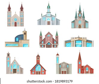 Iconos vectores de edificios de la iglesia católica. Catedral aislada, capillas y fachadas de monasterio. Diseño de iglesias medievales y modernas, arquitectura de caricatura religiosa cristiana evangélica símbolo exterior conjunto