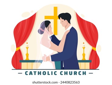 Catholic Church Cathedral as a Sacred Place for Weddings Flat Cartoon Background Vector Illustration